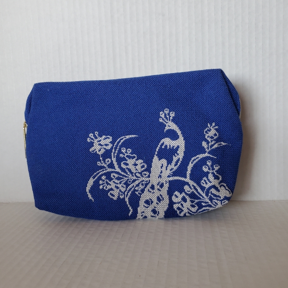 KLM Dutch Airlines Rituals Blue Embroidered Peacock Zippered Pouch